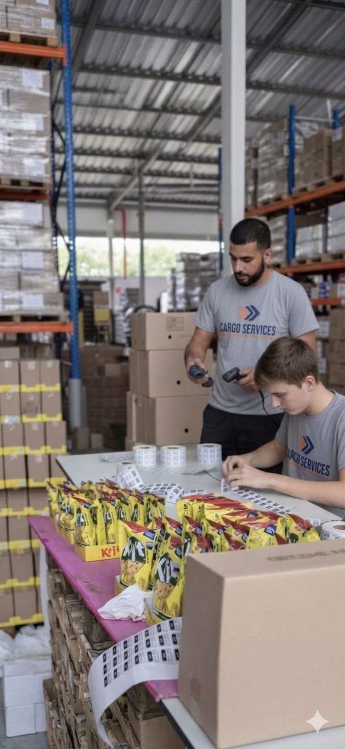 Equipe da Cargo Services fazendo conferência de produtos e impressão de etiquetas.