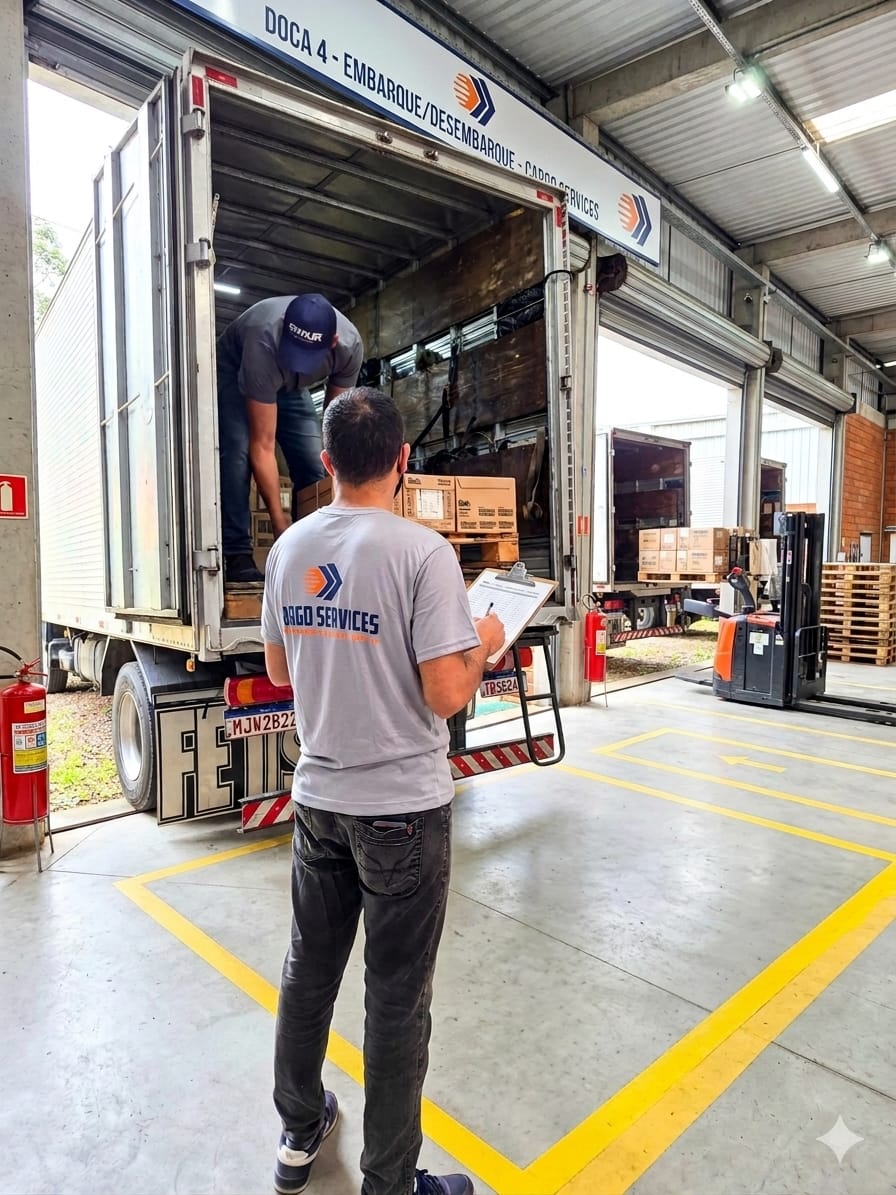 Profissional da Cargo Services realizando recebimento, conferência e controle de carga na doca.