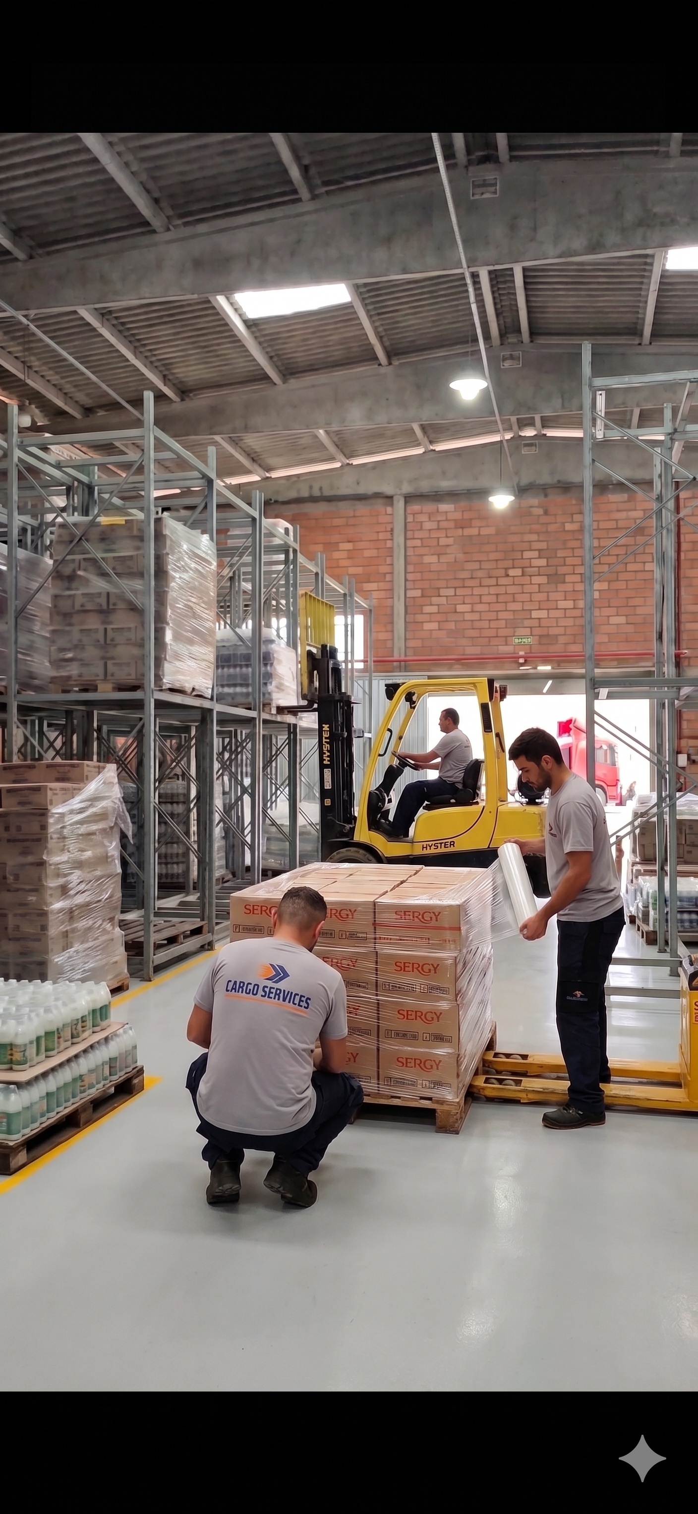 Equipe da Cargo Services realizando movimentação interna e preparação de carga no armazém.