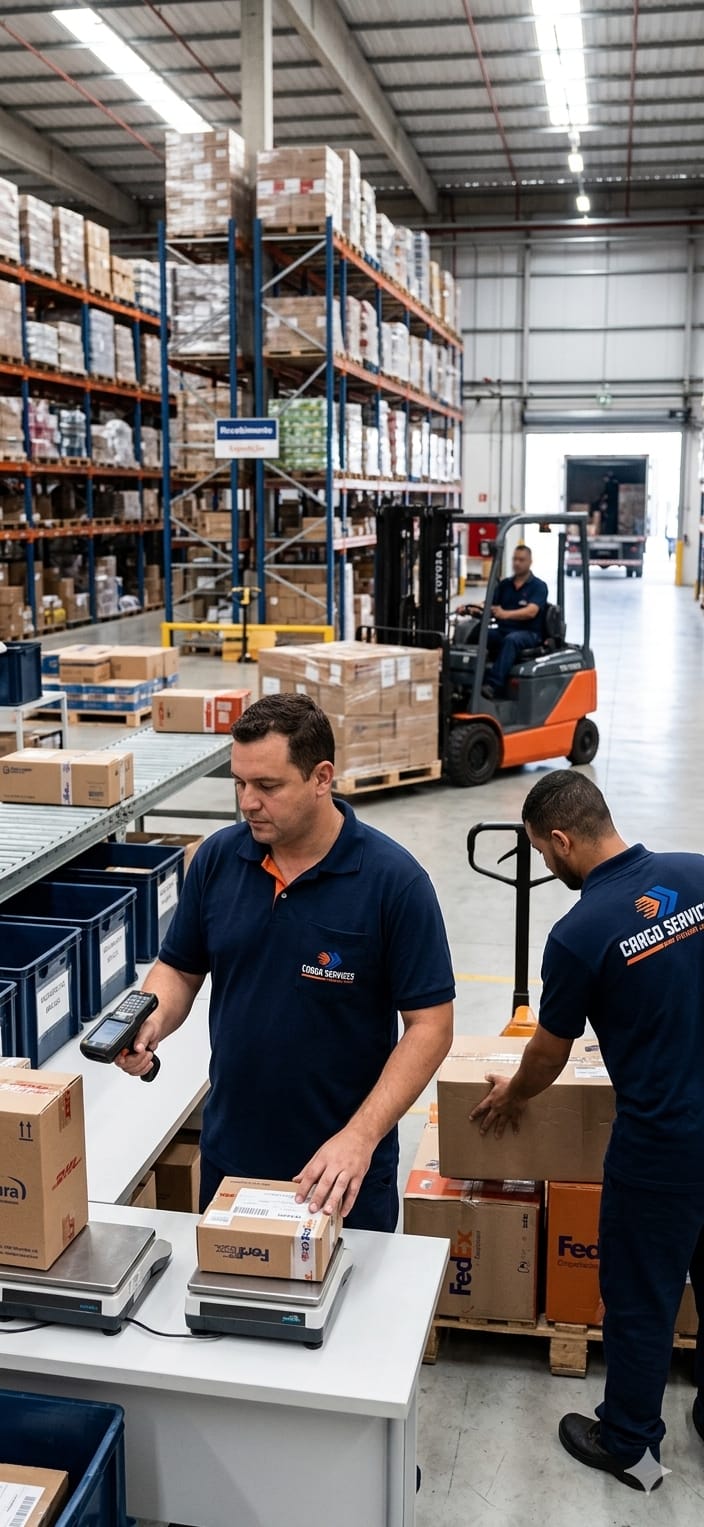 Equipe da Cargo Services trabalhando no galpão com pallets e empilhadeira ao fundo.