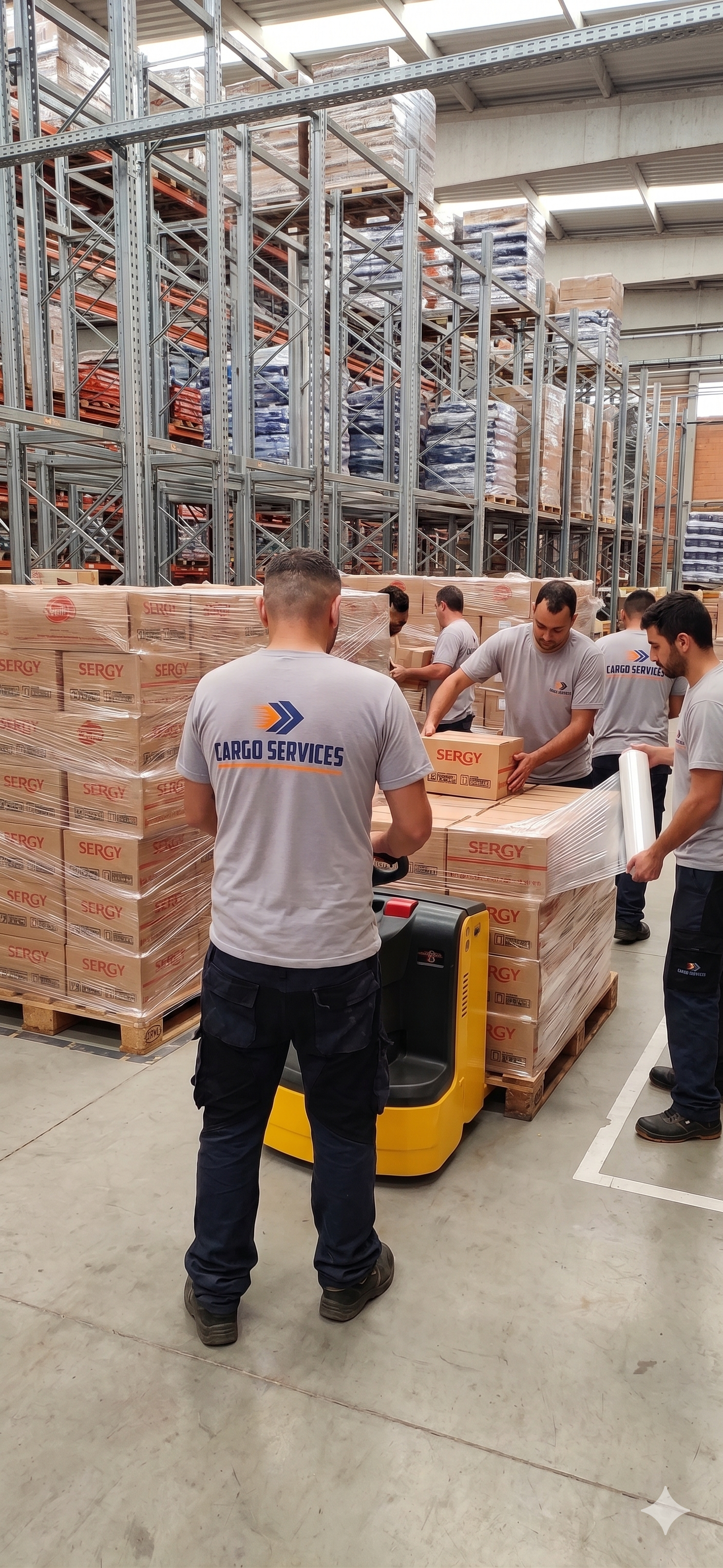 Equipe da Cargo Services realizando paletização e estrechamento de carga no galpão.