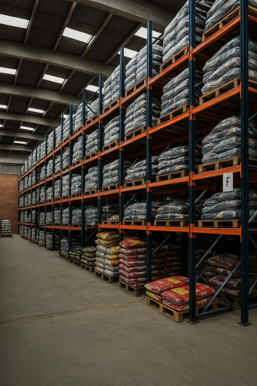Área de armazenagem vertical com pallets organizados em porta-paletes.