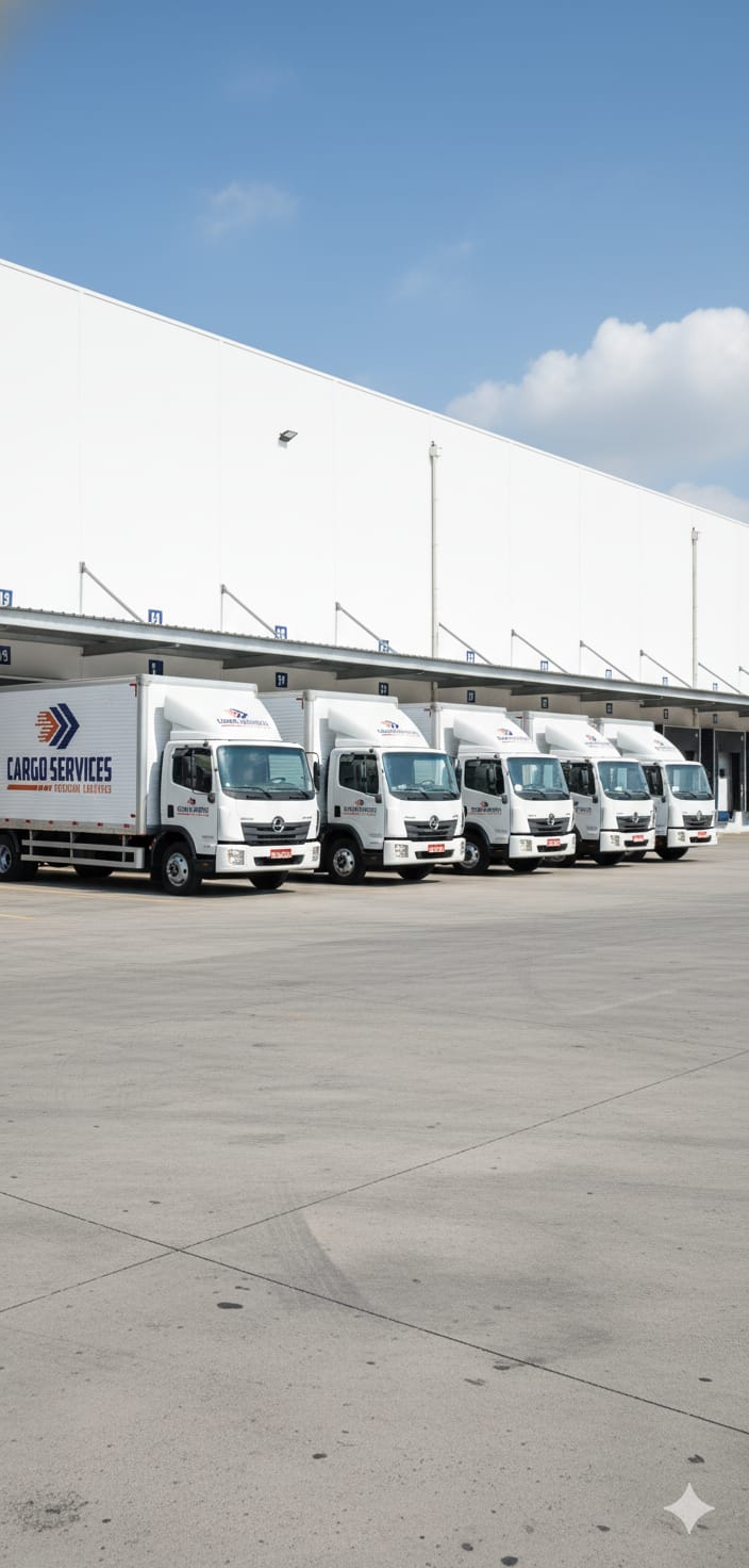 Frota de caminhões da Cargo Services em destaque no topo do site.