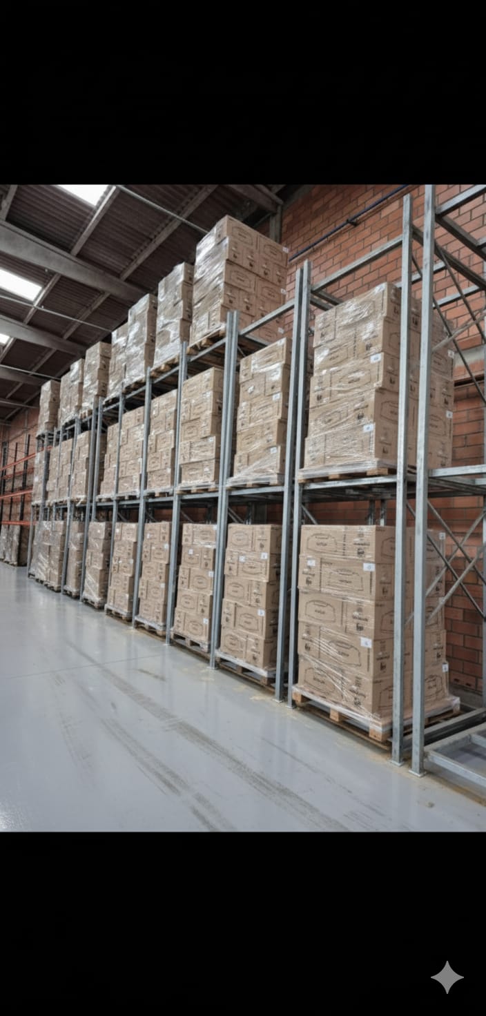 Estrutura de porta-paletes com mercadorias armazenadas em área logística.